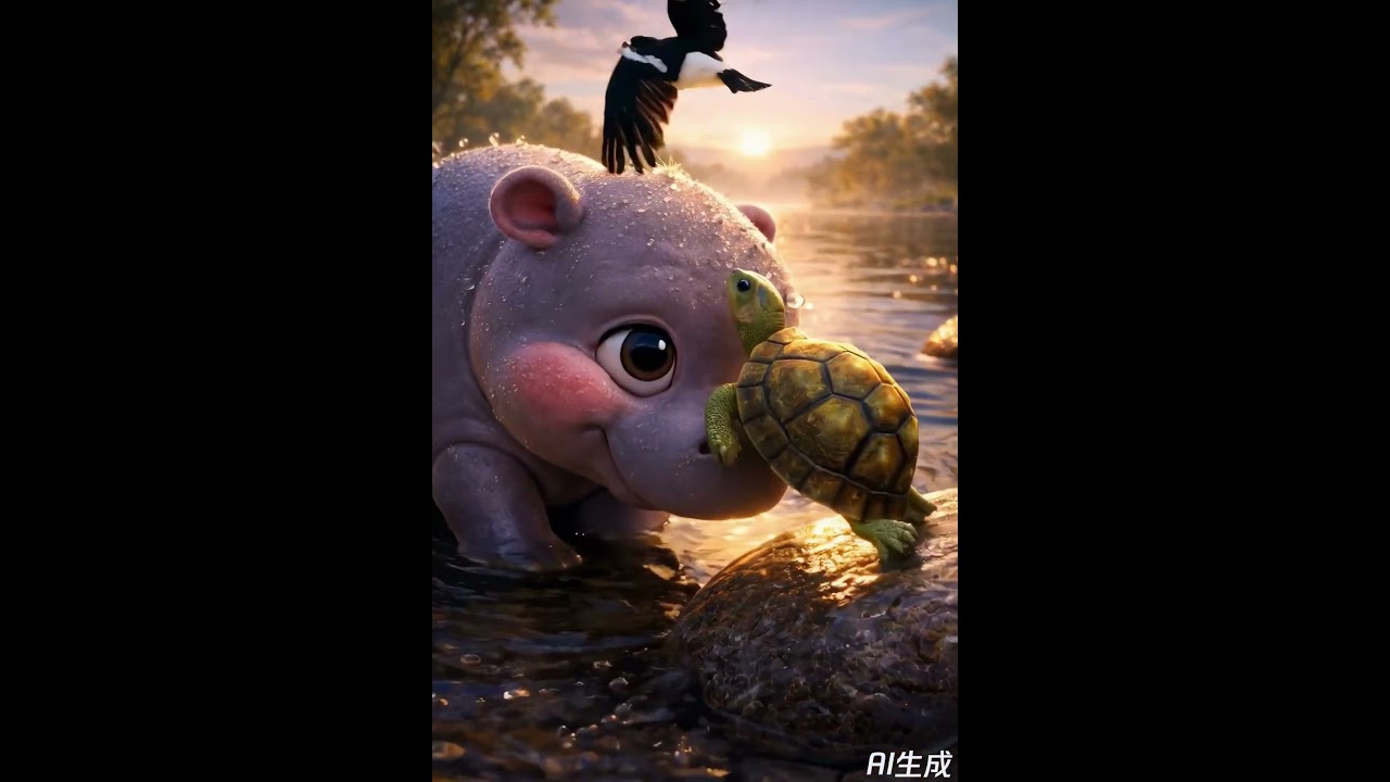 Baby Hippo Helps a Tiny Turtle Cross the River 🦛🐢#CuteAnimals#BabyHippo#Wholesome#Shorts#AIVideo