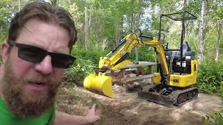 Testing the Brush Rake, Grading Bucket and Quick Attach System on a China Mini Excavator Digger