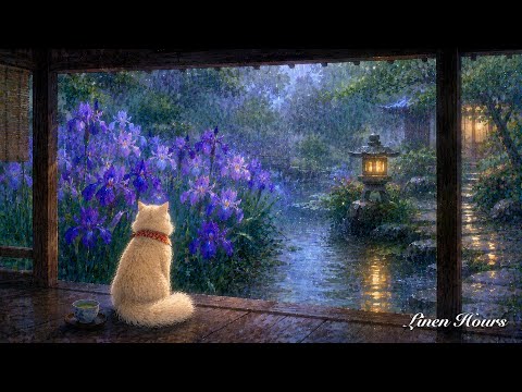 Iris Waterside in the Rain 🪻🌧️🐱 | Sleep Music & Calm Piano for Deep Sleep (3 Hours)