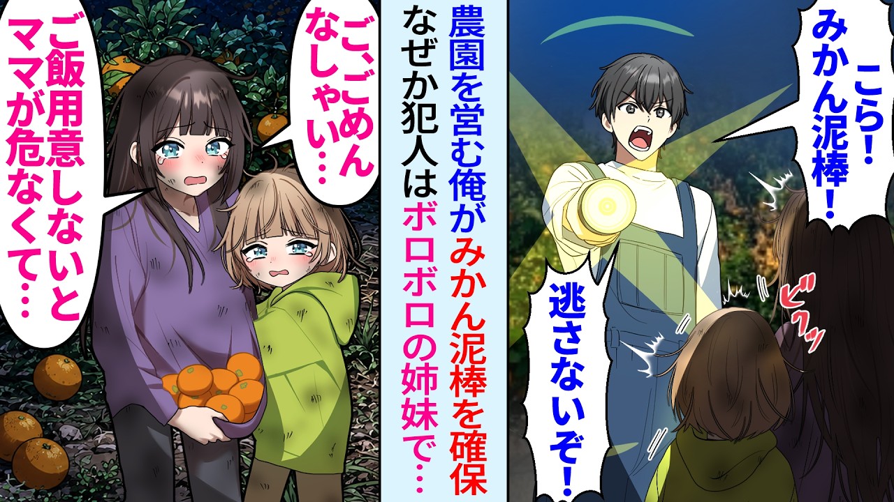 【漫画】深夜に農家営む俺がみかん泥棒を確保。犯人はボロボロの姉妹で「ご、ごめんなさい…」倒れた母親に食べさせたかったという話を聞いた俺が貧乏母娘に農業を手伝わせた結果…