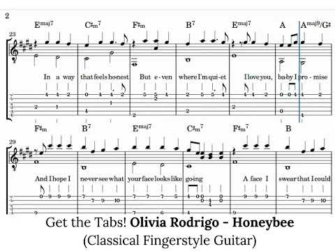 Honeybee (Classical Fingerstyle Guitar Tabs Musical Notes Chords Sheet Music + Audio midi) - Olivia Rodrigo
