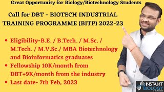 Call for DBT - BIOTECH INDUSTRIAL TRAINING PROGRAMME(BITP) 2022-23|Biotechnology Graduates|Apply Now