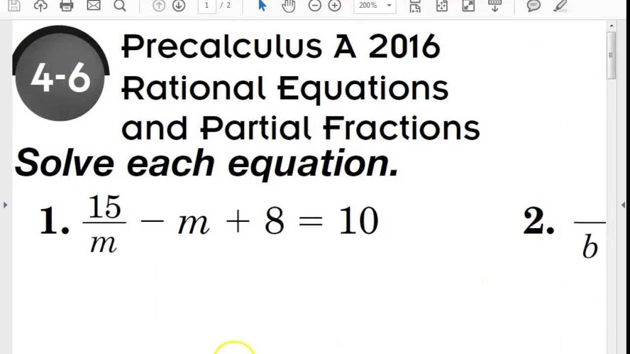 4 6 Precalculus Rational Equations And Partial Fractions Part A Youtube