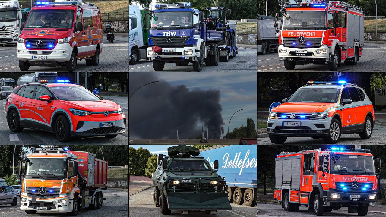 [Riesige Rauchsäule - Großbrand in Hamburg-Veddel!] Feuerwehr & THW im Großeinsatz | Einsatzfahrten!