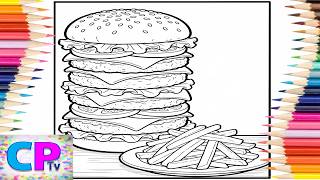 Quad Burger and Fries – Coloring Page/Fast Food Meal/Creative Art/Calming by Colors/Relaxing Drawing