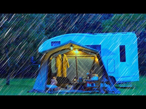 【大雨のキャンプ】大雨と強風に揺さぶられるテント｜ASMR｜キャンピングカー車中泊