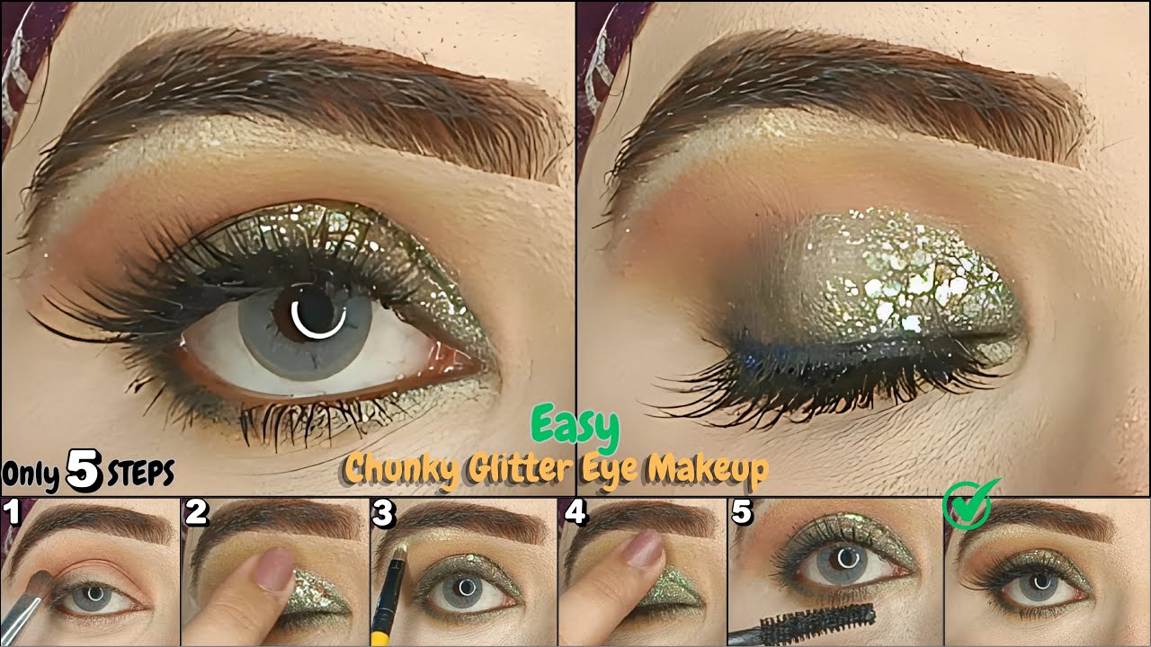 Easy Chunky Glitter Eye Makeup only 5 Step | Easy Glitter Eye Makeup Tutorial Step by Step