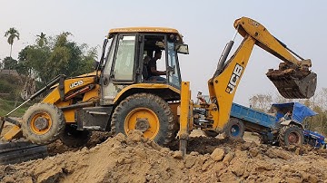 JCB Backhoe Machine Cutting Mud and Loading in Tractor - JCB Leveling Field For Farming