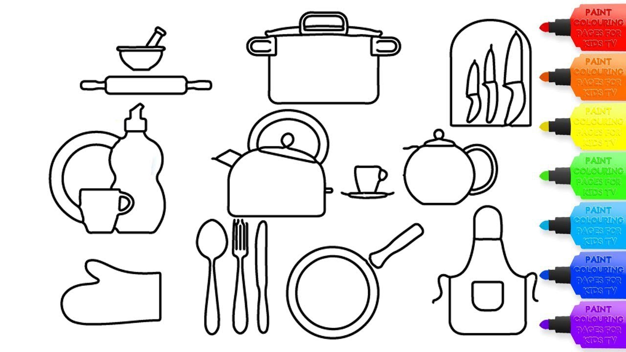 How to draw Kitchen Tools coloring page for kids I learn coloring book with  Kitchen Tools 