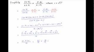Simplify (3+7i)/(2+3i) + (5-8i)/(2-3i) where i = sqrt(-1).