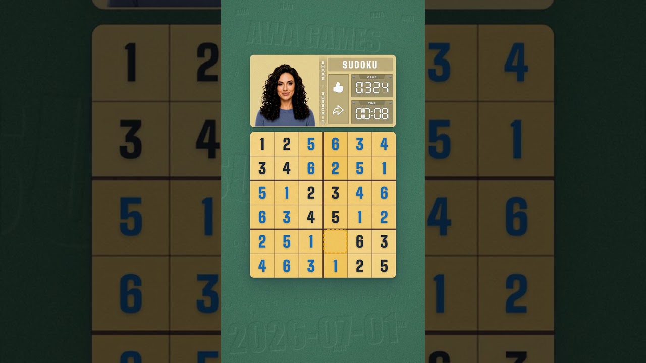 LinkedIn Mini Sudoku #324 solved board for July 1, 2026, 6x6 grid
