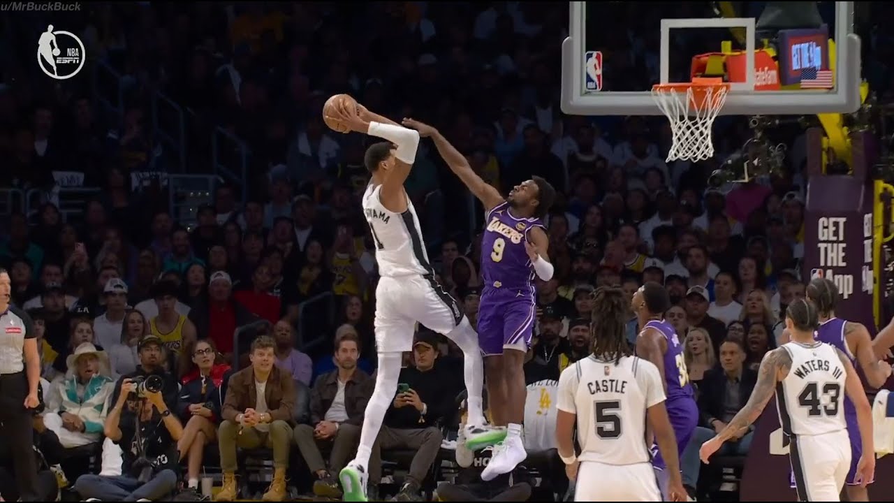 VIctor Wembanyama with a vicious poster dunk on Bronny James - multi-broadcast - 11/5/25