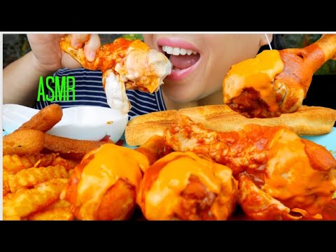 ASMR Spicy Buffalo Chicken Drumsticks w/RANCH ♥ French Fries + Fried Dough ♥ 먹방 No Talking suellASMR