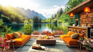 Springtime Lake & Smooth Spring Jazz Music at Outdoor Coffee Shop Ambience for Relax, Stress Relief