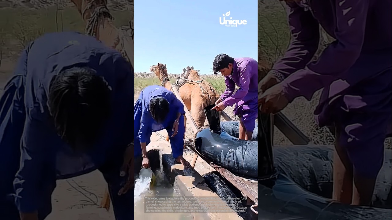 Filling a tank with water for a camel: people filling a tank with water for a camel