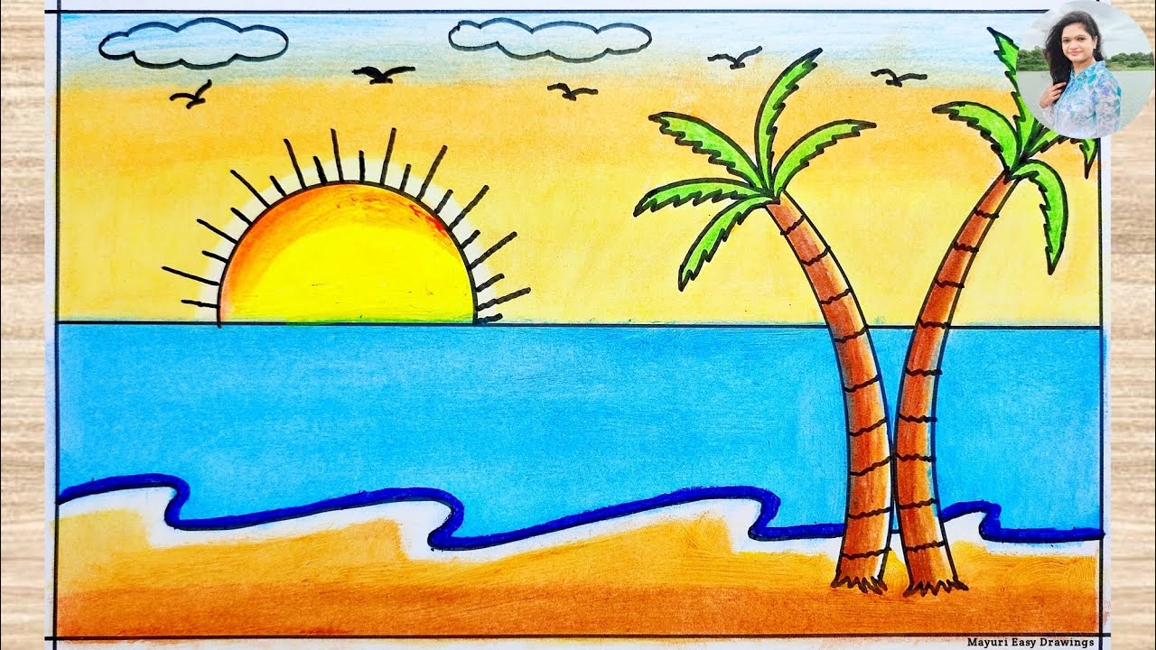Summer Season Drawing Easy and Beautiful / How to Draw Sea Beach ...