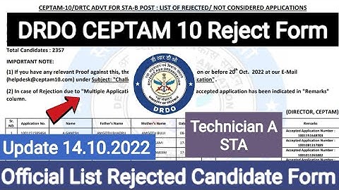 DRDO CEPTAM 10 Rejected Candidate form List 2022 STA Diploma