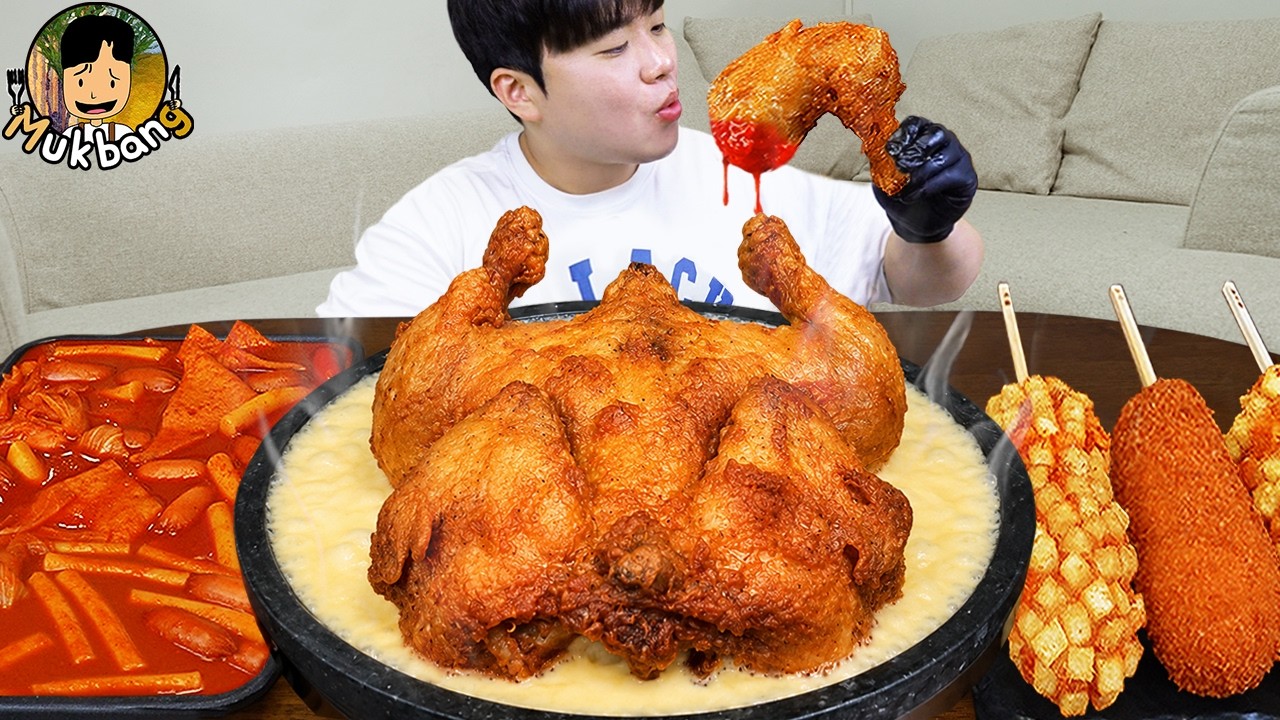 ASMR MUKBANG 체다치즈 양념 치킨먹방! 치즈 떡볶이 명랑핫도그 CRISPY FRIED CHICKEN CORN DOG EATING SOUND!