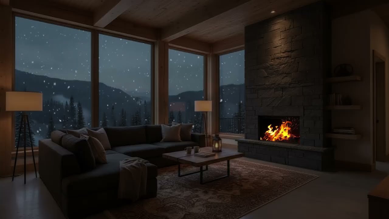 🌲 Snowy Forest Outside a Cozy Winter Living Room | Quiet Evening Ambience