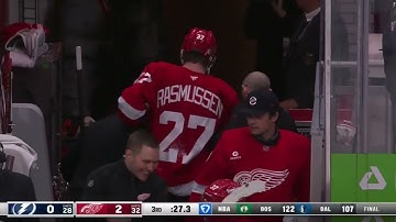 Kucherov trips up Rasmussen going for the empty netter and Michael leaves the ice in some discomfort