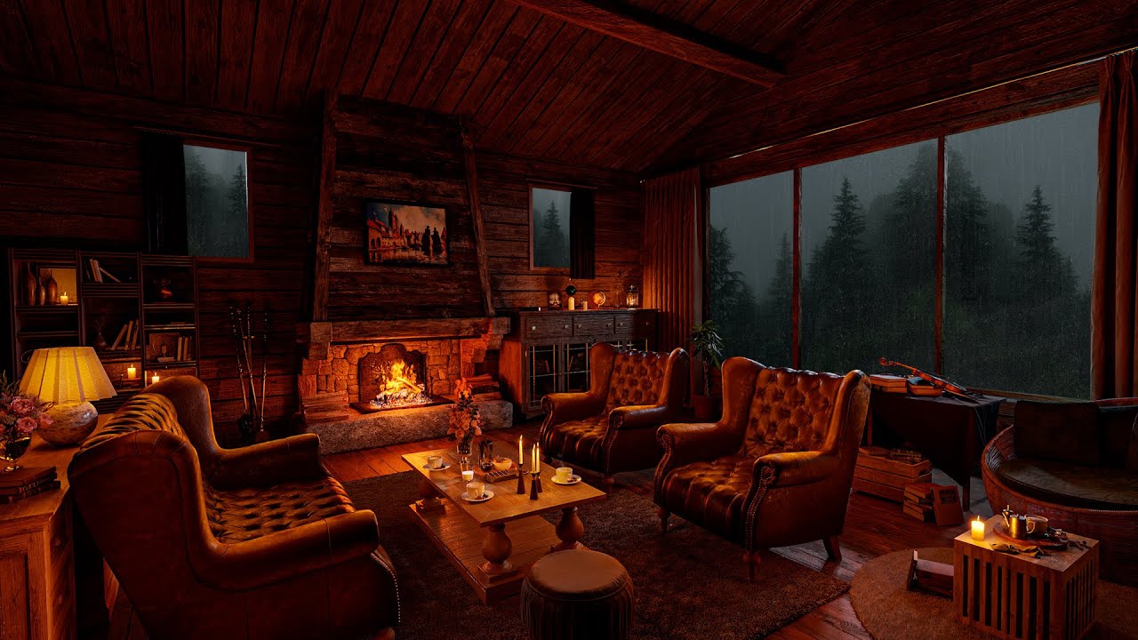 Cozy Cabin Ambience at Night with Rain Sounds and Fireplace for ...
