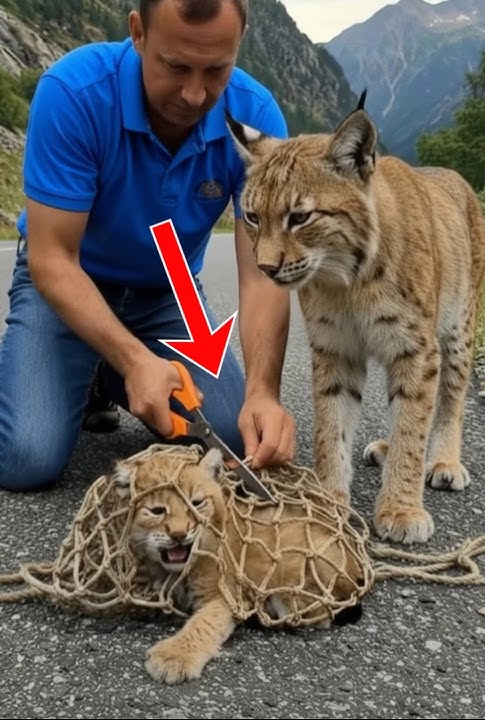 Man Frees Baby Lynx Trapped in Net and Gives It Water 🐾❤️