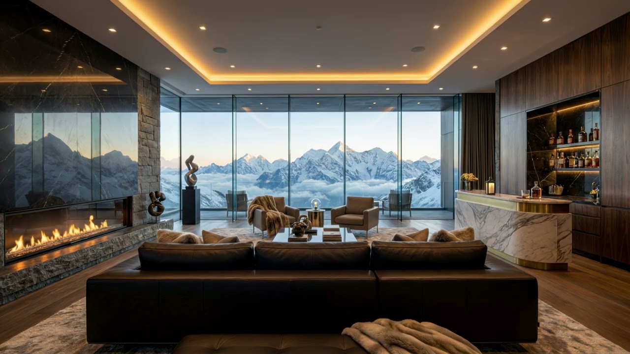 Drink above the Clouds 🍸 Mount Everest Luxury Lounge Ambience | Fireplace Sounds for Sleep