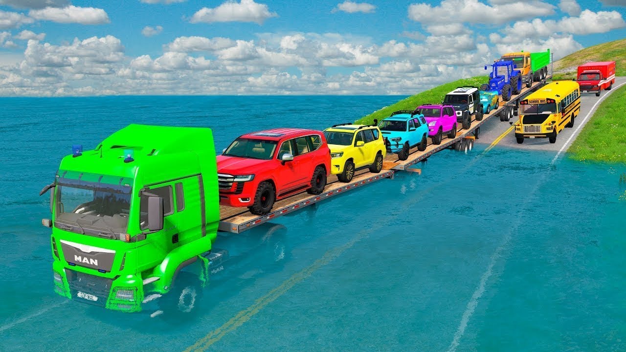 Triple Flatbed Trailer McQueen Transportation with Truck - Speedbumps vs Cars vs Train - BeamNG #