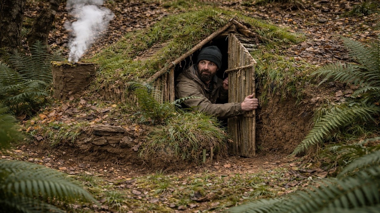 Building complete and warm survival shelter _ Bushcraft earth hut ...