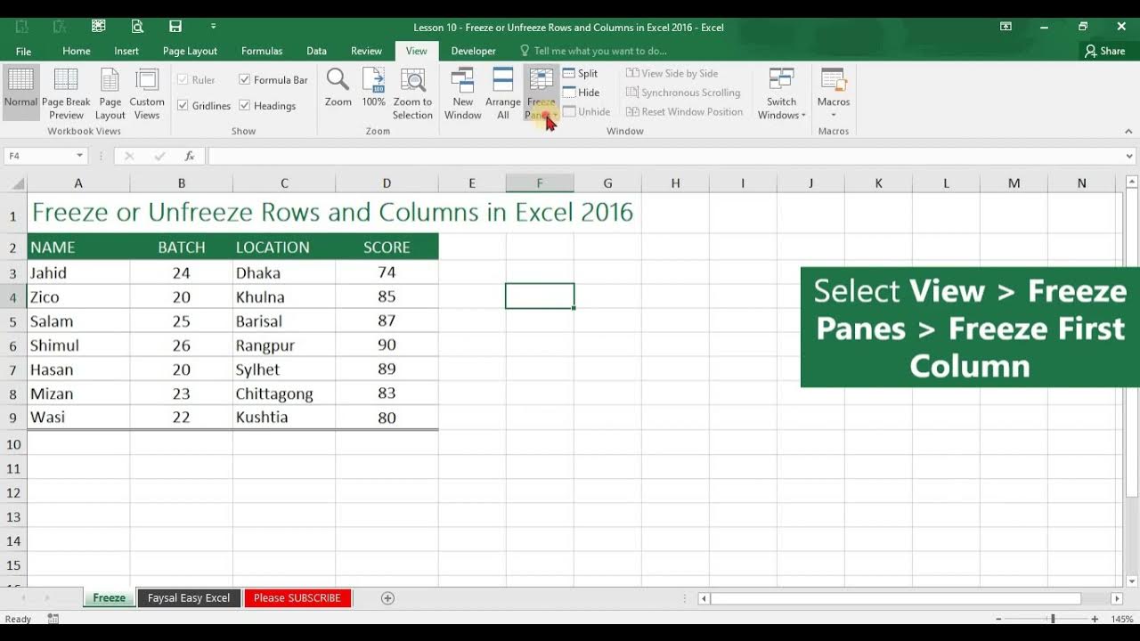 Lesson 10 Freeze or Unfreeze Rows and Columns in Excel 2016 YouTube