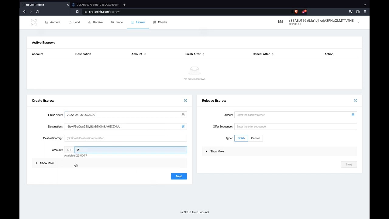 xrptoolkit 1/2 Escrow Create, Escrow Finish