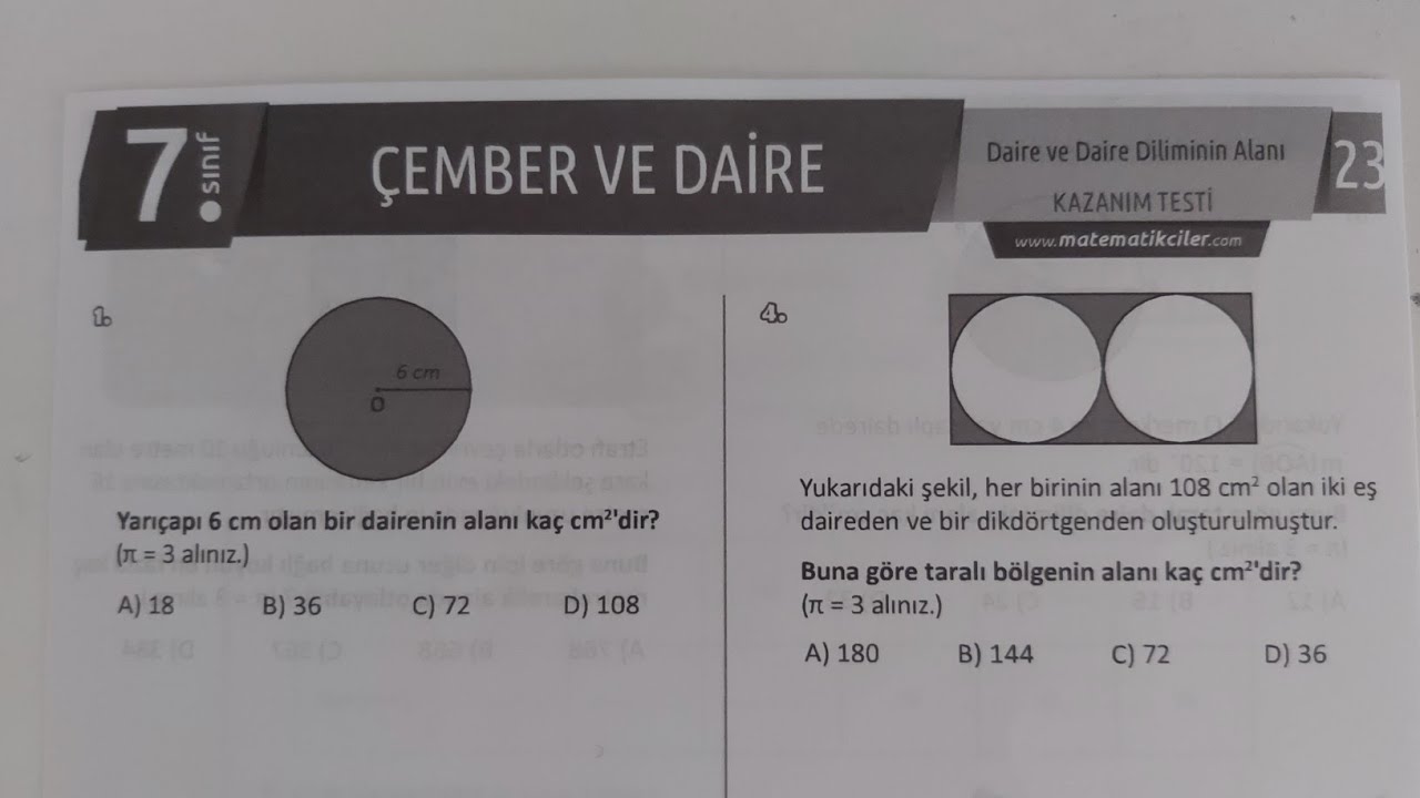 Daire ve Daire Diliminin Alanı Test 23 ( 7. Sınıf  )