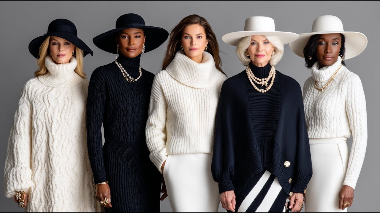 Элегантные зимние наряды для женщин старше 40 лет | Кашемир угольно-черного и кремового цвета от ...