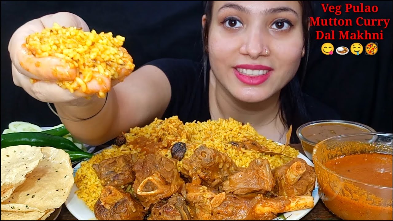 Eating Vegetable Pulao, Mutton Curry, Dal Makhni | Huge Indian Food Feast Mukbang| Foodie JD