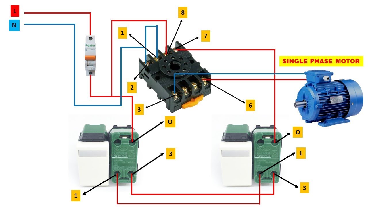 Running a single phase motor with 2 switching switches using 1 relay ...