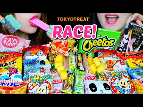 asmr-japanese-snacks-race-eating-competition-(chocolate,-kitkat,-marshmallow,-pocky,-gummy,-cheetos