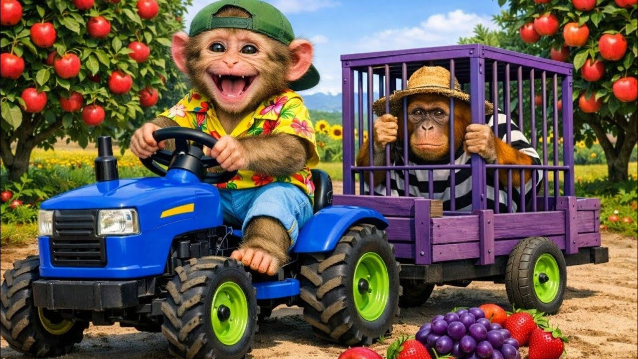 Monkey Farmer Drives Tractor to Harvest Oranges & Catches a Sneaky Thief | Monkey Farm Work 