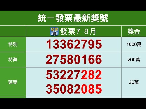 2020年7 8月統一發票中獎號碼（109年）