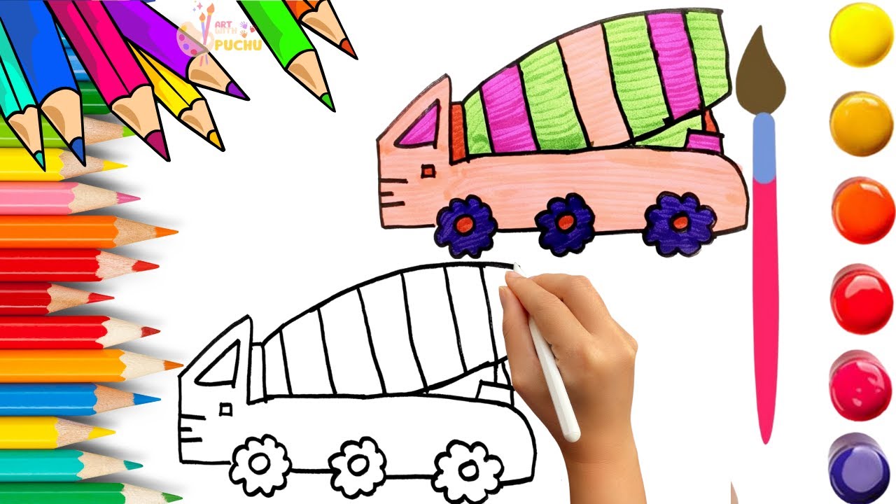 How To Draw cute Mixer Truck, Excavator & Crane Drawing, Painting & Coloring For Kids & Toddlers_🐋🌈🎨
