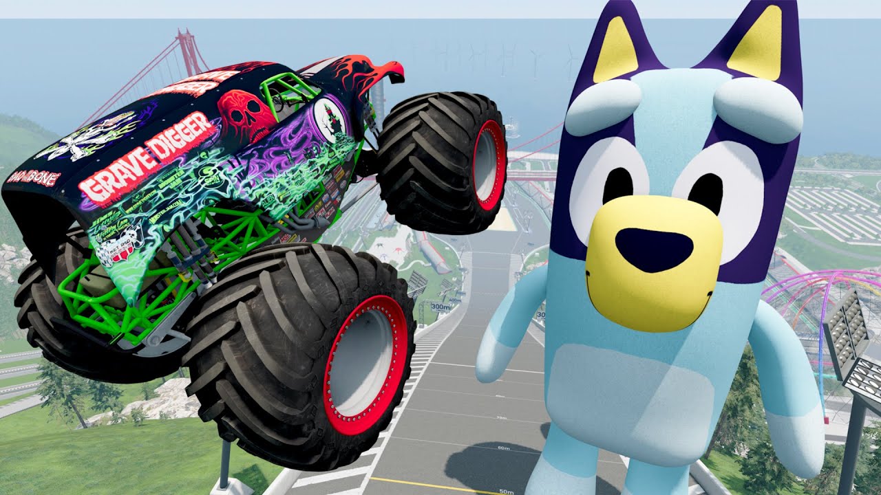 Crashing Monster Trucks Into Giant Bluey on NEW Car Jump Arena