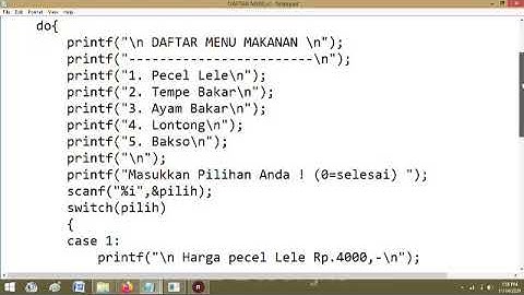 PROGRAM SEDERHANA MEMBUAT MENU MAKANAN MENGGUNAKAN  SWITCH -CASE DAN DO-WHILE PADA C/C++