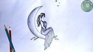 How to Draw a Girl with Moon // easy Moon girl Drawing @ArtbyAbhijit