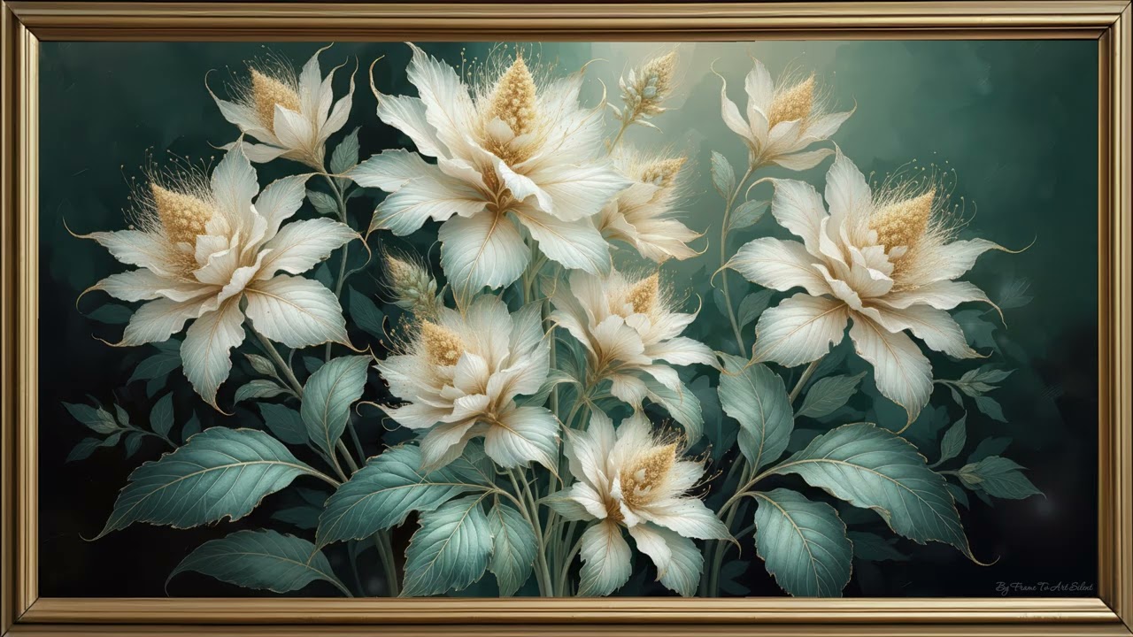 Ethereal White Blossoms with Golden Centers: 4K Serene Floral Art in Gold Frame