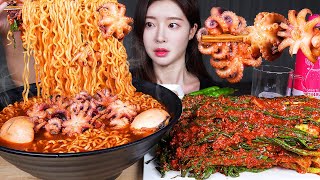 ASMR MUKBANG | SPICY SEAFOOD RAMYUN  OCTOPUS SQUID NOODLES & GREEN ONION KIMCHI ☆ FISHING & EATING