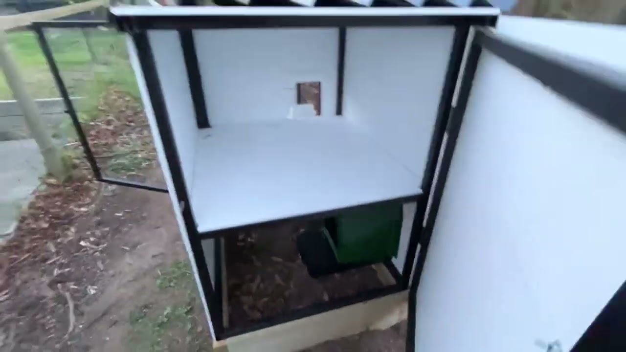 Steel frame chicken coop, adjustable ventilation, roll away egg box, automatic door