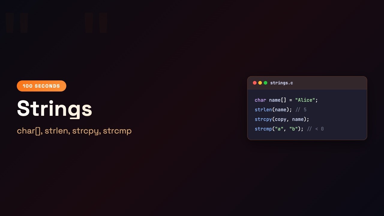 C in 100 Seconds: strlen strcpy strcmp — Strings in C | Episode 11