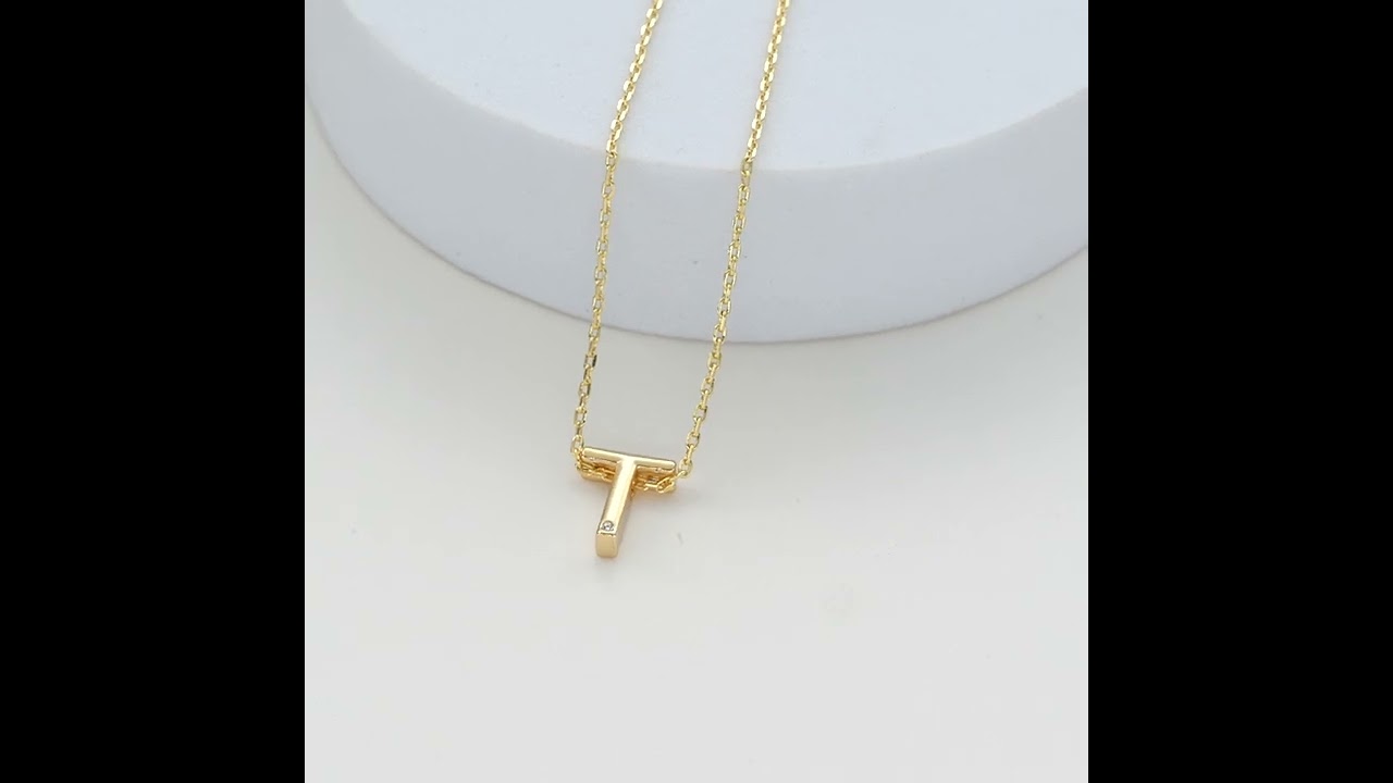 Gold Initial Necklace Letter T Created with Zircondia® Crystals by Philip Jones Jewellery