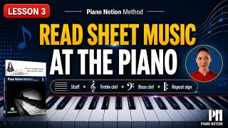 Learn the piano #3 | Free piano lessons | Staff, Treble clef, Bass clef, Repeat sign, Grand staff