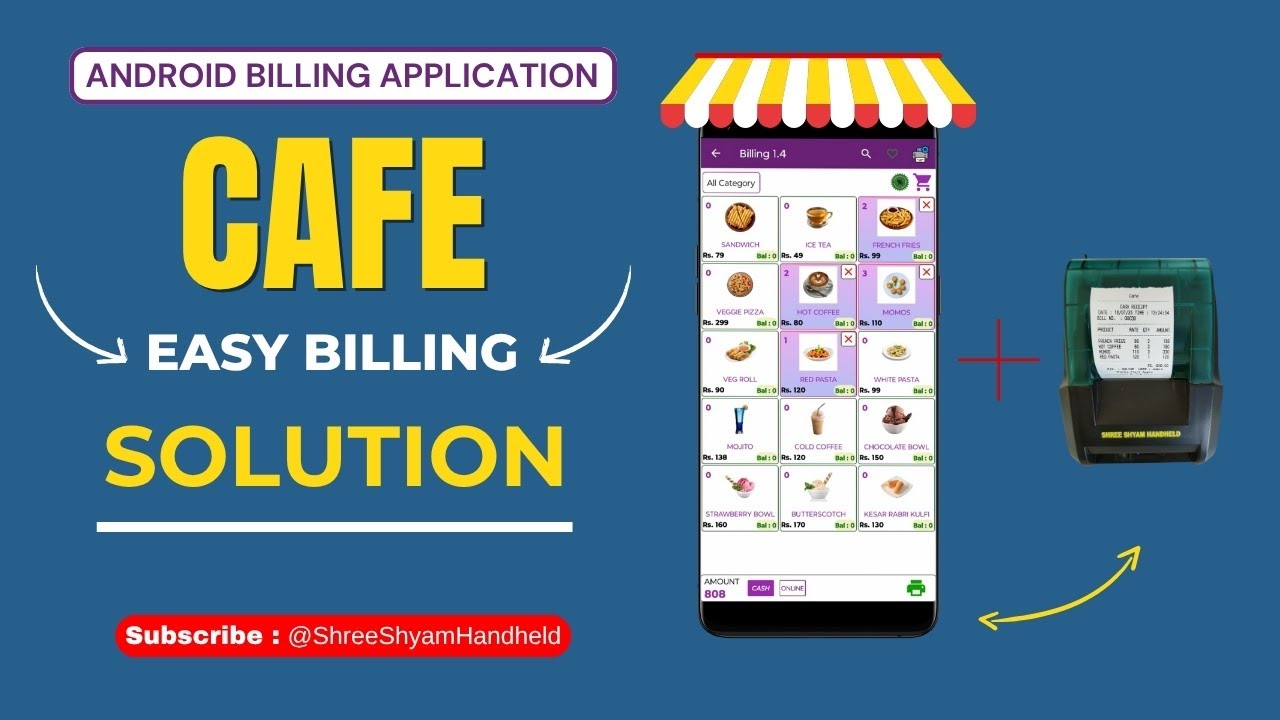 Billing App for Cafe | 2-Inch Bluetooth/USB Thermal Printer | Shree Shyam Handheld 