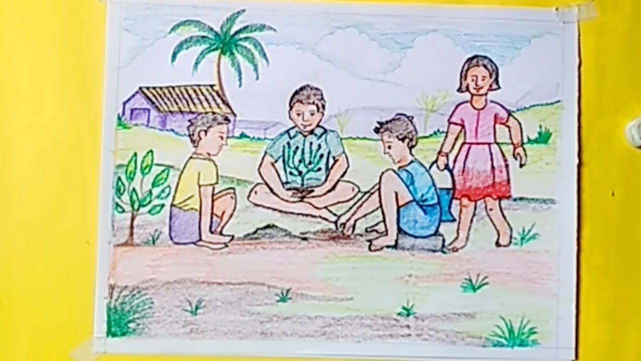 Tree plantation drawing || how to draw tree plantation memory ...